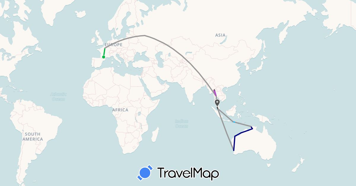 TravelMap itinerary: driving, bus, plane, train, boat, motorbike in Australia, France, Indonesia, Malaysia, Russia, Thailand (Asia, Europe, Oceania)